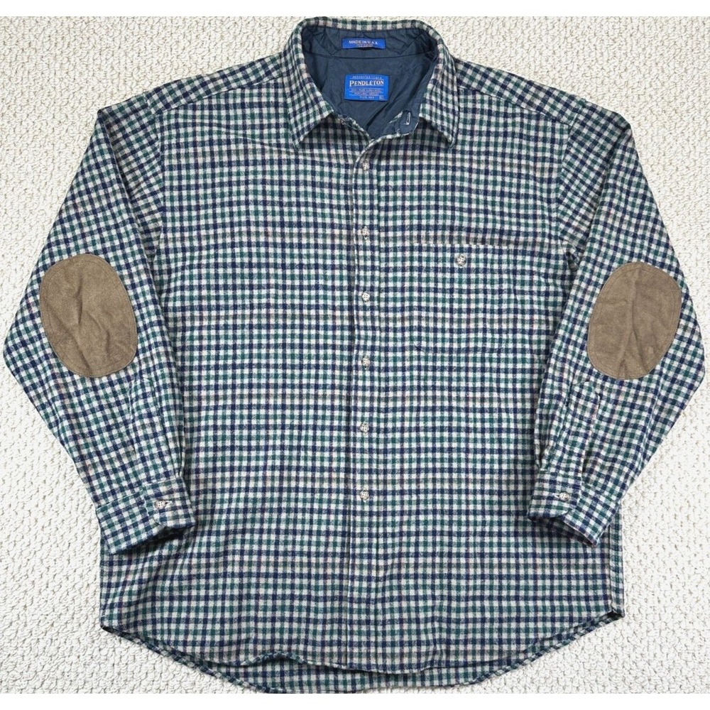 Vtg Pendleton Shirt Mens XL Multi Color Check Flannel Elbow Pads Virgin Wool
